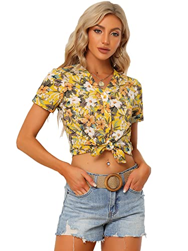 Allegra K Damen Shirt Kurzarm V-Ausschnitt Knopfleiste Sommer Hawaii Blumen Oberteil Hemd Bluse Gelb M von Allegra K