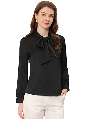 Allegra K Damen Shirt Langarm Krawatte Hemdkragen Elegante Samt Oberteil Bluse Schwarz XL von Allegra K