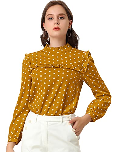 Allegra K Damen Oberteil Langarm Polka Dots Rundhals Panel Rüschen Punkten Top Bluse Gelb M von Allegra K