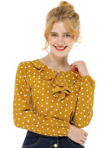 Allegra K Damen Shirt Langarm Rundhals Rüschen Volant Polka Dots Oberteil Gepunktet Bluse Gelb XL von Allegra K