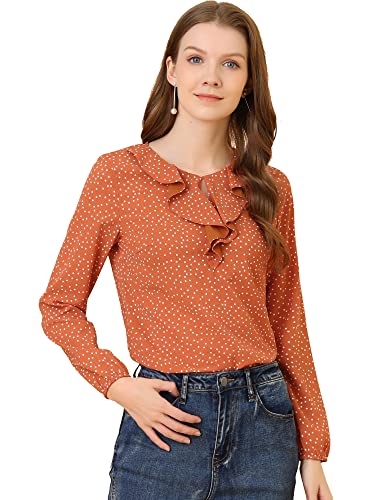 Allegra K Damen Shirt Langarm Rundhals Rüschen Volant Polka Dots Oberteil Gepunktet Bluse Orange XL von Allegra K