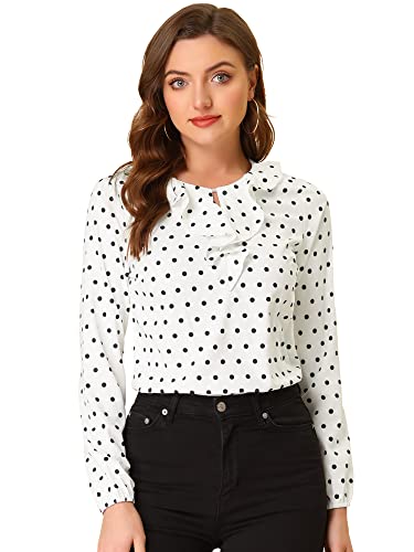 Allegra K Damen Shirt Langarm Rundhals Rüschen Volant Polka Dots Oberteil Gepunktet Bluse Weiß L von Allegra K