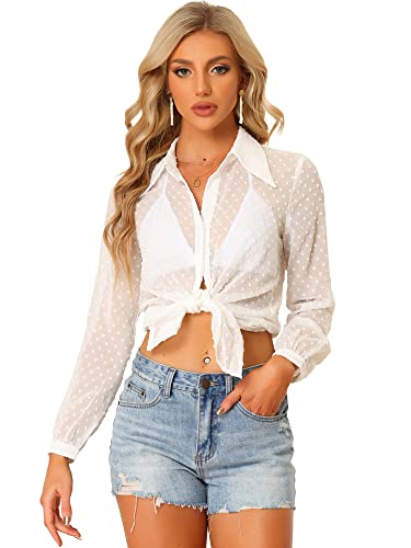 Allegra K Damen Shirt Langarm Semi Sheer Polka Dots Pullover Knopfleiste Top Bluse Weiß XS von Allegra K