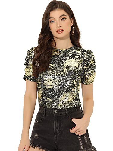 Allegra K Damen Shirt Puffärmeln Lässig Stretch Glitzer Oberteil Top Bluse Schwarzes Gold XL von Allegra K