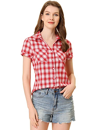 Allegra K Damen Kariertes V-Ausschnitt Shirt Kurzarm Classic Oberteil mit Taschen Karo Bluse Rot Weiß L von Allegra K