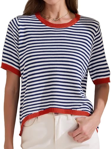 Allegra K Damen Shirt Sommer Gestreiftes Strick Oberteil Runhals Kurzarm Trendy Loose Fit Elegant Pullover T-Shirt Dunkelblau L von Allegra K