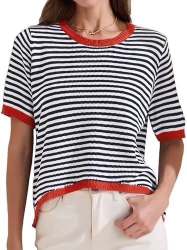 Allegra K Damen Shirt Sommer Gestreiftes Strick Oberteil Runhals Kurzarm Trendy Loose Fit Elegant Pullover T-Shirt Schwarz M von Allegra K