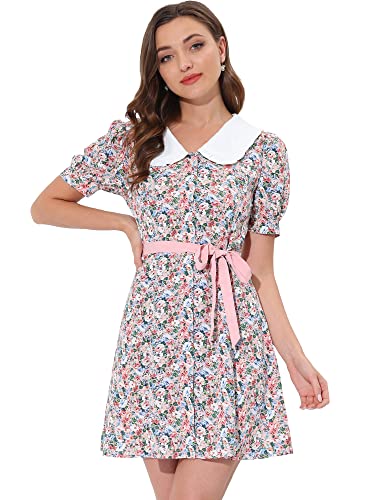 Allegra K Damen Shirtkleid Kurzarm V-Ausschnitt Bubikragen Rüschen Fliege Blumen Kleid Rosa-Weiß S von Allegra K