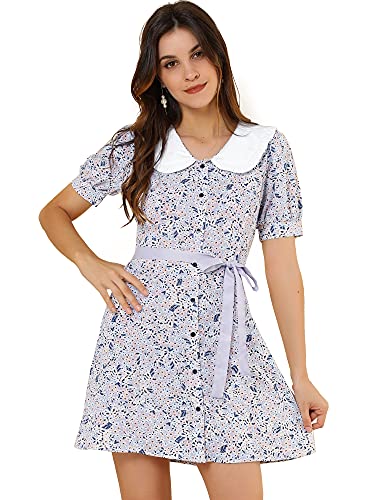 Allegra K Damen Shirtkleid Kurzarm V-Ausschnitt Bubikragen Rüschen Fliege Blumen Kleid Violett XS von Allegra K