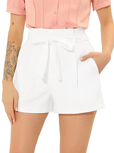 Allegra K Damen-Shorts mit Fliege, hohe Taille, kurze Papiertasche, Shorts, Weiss/opulenter Garten, Groß von Allegra K