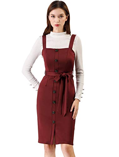 Allegra K Damen Latzkleid Slim Fit Button Dekor Bindegürtel Kleid Burgund M von Allegra K