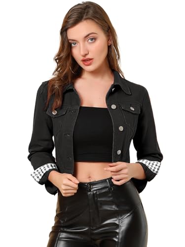 Allegra K Damen Slim Fit Button Down Lange Ärmel Casual Cropped Denim Jeans Jacke, Schwarz , 36 von Allegra K