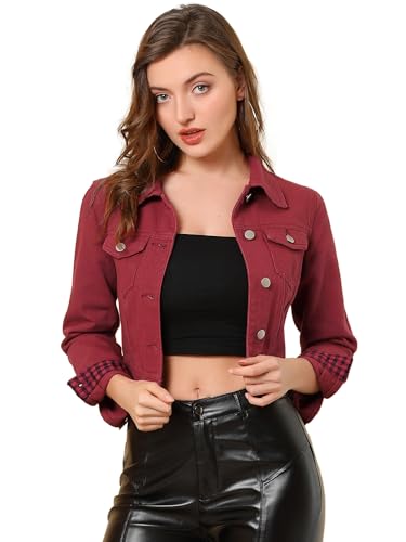 Allegra K Damen Slim Fit Button Down Lange Ärmel Casual Cropped Denim Jeans Jacke, weinrot, 42 von Allegra K
