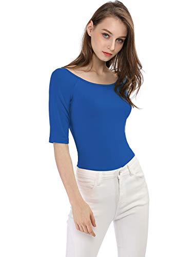 Allegra K Damen Halbarm Bluse T-Shirt Rundhals Slim Fit Einfarbig Oberteil Königsblau S von Allegra K