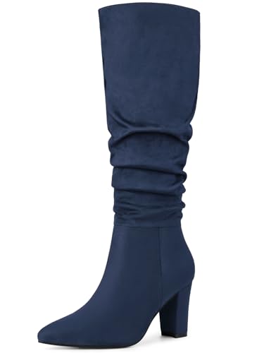 Allegra K Damen Slouch Spitzer Zehenbereich Chunky Heel Kniehohe Stiefel, Marineblau, 37 EU von Allegra K