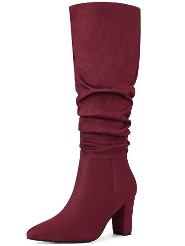 Allegra K Damen Slouchy Spitzschuh Chunky Heel Kniehohe Stiefel Burgund 40 von Allegra K