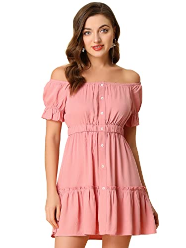 Allegra K Damen Solides Gesmoktes mit Kurzen Ärmeln Sommerkleid Rosa S von Allegra K