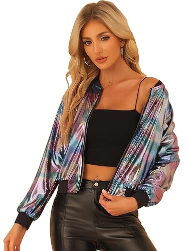 Allegra K Damen Reißverschluss Blouson Langarm Party Leicht Streifen Bomberjacke Metallic Jacke Leuchtendes Schwarz L von Allegra K