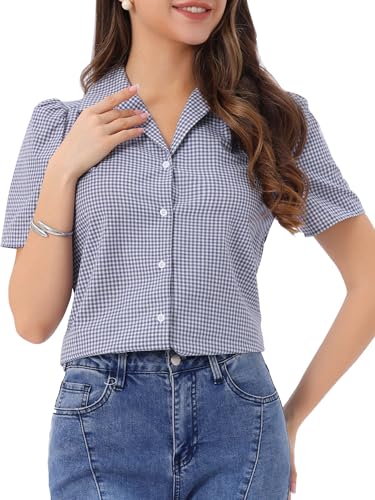Allegra K Damen Sommer Bluse mit Gingham Kariert Kurzärm Vintage Oberteil mit Knopfleiste Karomuster Lila XL von Allegra K