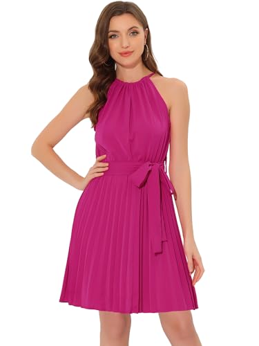 Allegra K Damen Sommer Boho Kleid Ärmellos Neckholder Gürtel Plissiert Strandkleid Pink M von Allegra K