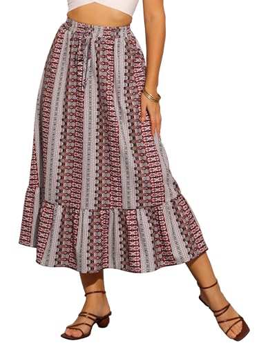 Allegra K Damen Sommer Boho Rock Elastisch Hohe Taille A-Linie Bedruckter Midirock Dunkelrot L von Allegra K