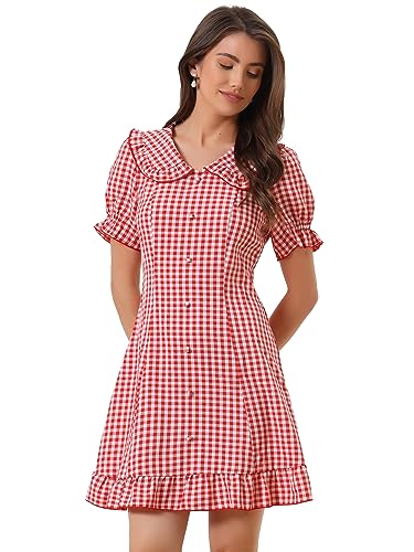 Allegra K Damen Sommer Casual Gingham Print Rüschenbesatz Puffärmel Bubikragen Kleid Rot Weiß XL von Allegra K