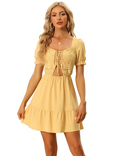 Allegra K Damen Sommer Casual Schnürung vorne Kurze Puffärmel Boho Strand Minikleid Gelb M von Allegra K