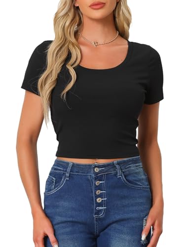 Allegra K Damen Sommer Crop Tops Basic Strick Oberteil T-Shirt mit U-Ausschnitt Kurzarm Schwarz XS von Allegra K
