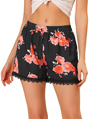 Allegra K Damen Sommer Elastisch Taille Spitze Muster Kurz Hose Shorts Schwarze Pfingstrose M von Allegra K