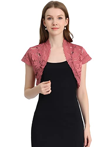 Allegra K Damen Sommer Elegante Kurzarm Sheer Blumenspitze Bolero Cardigan Dunkelrosa XS von Allegra K