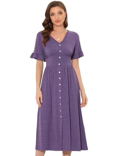 Allegra K Damen Sommer Freizeitkleid V-Ausschnitt Knopf Decor Flatter Ärmel Rüschen Hohe Taille MidiKleid Lila XL von Allegra K