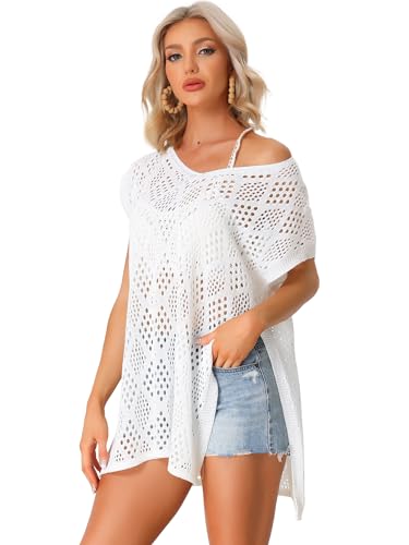 Allegra K Damen Sommer Häkel Cover Ups Badeanzüge Seitenschlitz Strand Bikini Mesh Coverup Tunika Oberteile Weiß S von Allegra K