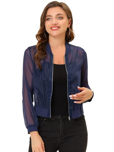 Allegra K Damen Sommer Jacke Langarm Reißverschluss Durchsichtige Transparente Leichte Bomberjacke Blau S von Allegra K