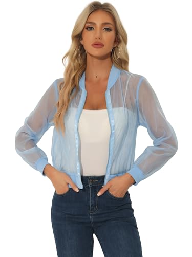 Allegra K Damen Sommer Jacke Langarm Reißverschluss Durchsichtige Transparente Leichte Bomberjacke Hell Blau S von Allegra K