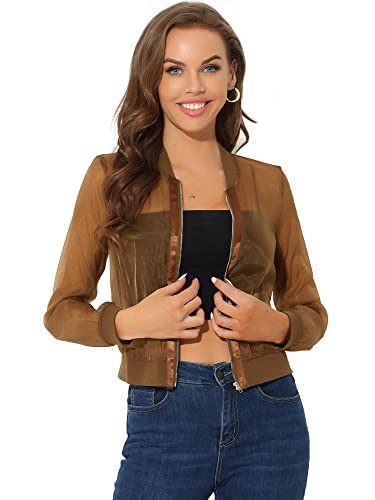 Allegra K Damen Sommer Jacke Langarm Reißverschluss Durchsichtige Transparente Leichte Bomberjacke Braun M von Allegra K