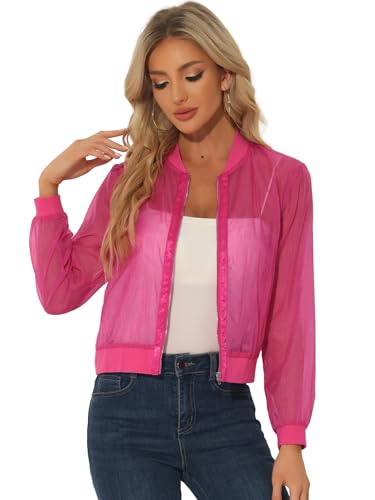 Allegra K Damen Sommer Jacke Langarm Reißverschluss Durchsichtige Transparente Leichte Bomberjacke Rosenrot M von Allegra K