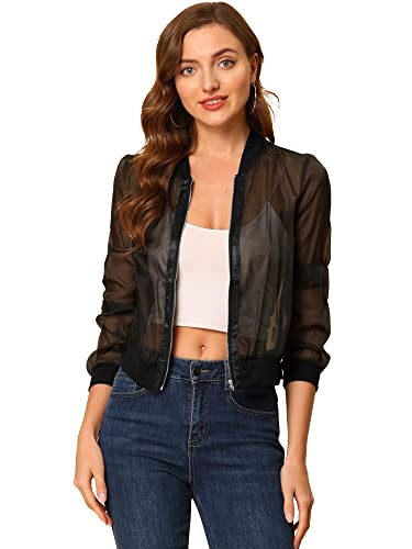 Allegra K Damen Sommer Jacke Langarm Reißverschluss Durchsichtige Transparente Leichte Bomberjacke Schwarz XL von Allegra K