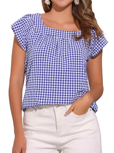 Allegra K Damen Sommer Kariert Hemd mit Karo Quadratischem Ausschnitt Ärmellose Blusen Oberteil Blau Weiss M von Allegra K