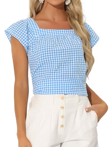 Allegra K Damen Sommer Kariert Hemd mit Karo Quadratischem Ausschnitt Ärmellose Blusen Oberteil Blau XS von Allegra K