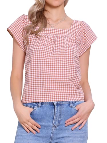 Allegra K Damen Sommer Kariert Hemd mit Karo Quadratischem Ausschnitt Ärmellose Blusen Oberteil Cameo Braun S von Allegra K