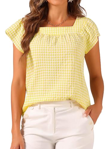 Allegra K Damen Sommer Kariert Hemd mit Karo Quadratischem Ausschnitt Ärmellose Blusen Oberteil Gelb L von Allegra K