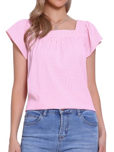Allegra K Damen Sommer Kariert Hemd mit Karo Quadratischem Ausschnitt Ärmellose Blusen Oberteil Rosa M von Allegra K
