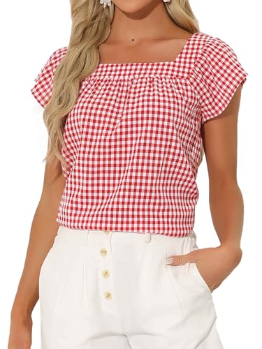 Allegra K Damen Sommer Kariert Hemd mit Karo Quadratischem Ausschnitt Ärmellose Blusen Oberteil Rot XS von Allegra K