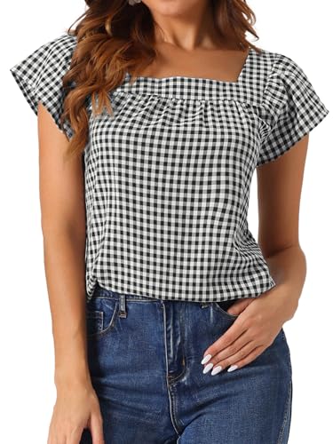 Allegra K Damen Sommer Kariert Hemd mit Karo Quadratischem Ausschnitt Ärmellose Blusen Oberteil Schwarz M von Allegra K