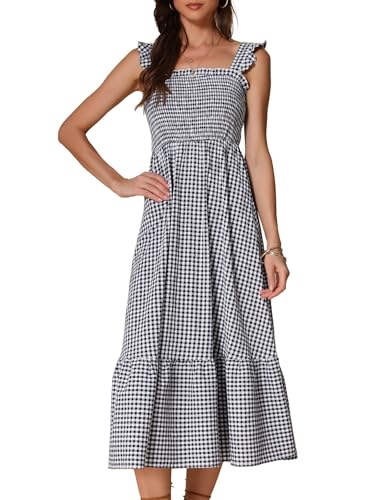 Allegra K Damen Sommer Kariert Kleid Ärmellos A-Linie Gestufter Gesmoktes Gingham Strand Maxikleid Schwarz L von Allegra K
