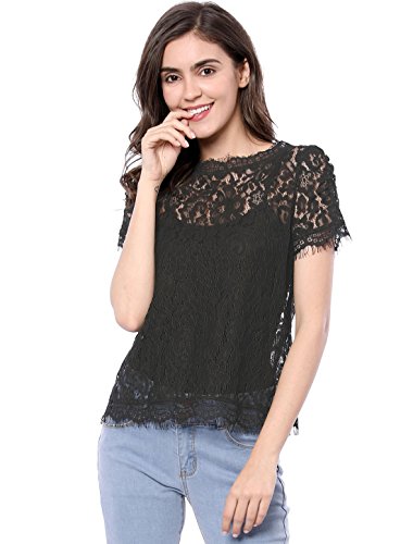Allegra K Damen Dirndlbluse Mesh Oberteil Kurzarm Durchsichtig Rundhals Rüschen Blumen Spitze Bluse Shirt Schwarz L von Allegra K