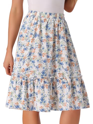 Allegra K Damen Sommer Rüschen Rock Saum Blumen A-Linie Hohe Taille Knielang Midirock Blau Weiss L von Allegra K