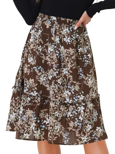 Allegra K Damen Sommer Rüschen Rock Saum Blumen A-Linie Hohe Taille Knielang Midirock Braun XL von Allegra K