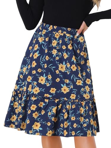 Allegra K Damen Sommer Rüschen Rock Saum Blumen A-Linie Hohe Taille Knielang Midirock Dunkelblau L von Allegra K