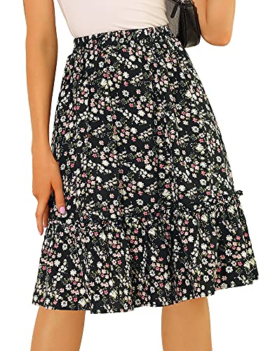 Allegra K Damen Sommer Rüschen Rock Saum Blumen A-Linie Hohe Taille Knielang Midirock Schwarz XL von Allegra K